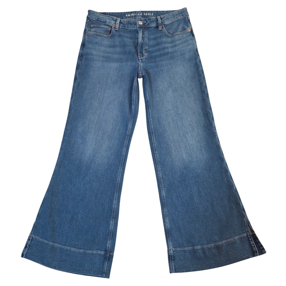 American‎ Eagle Women 10 High Rise Flare Jeans Medium Wash Blue Denim Side Slit